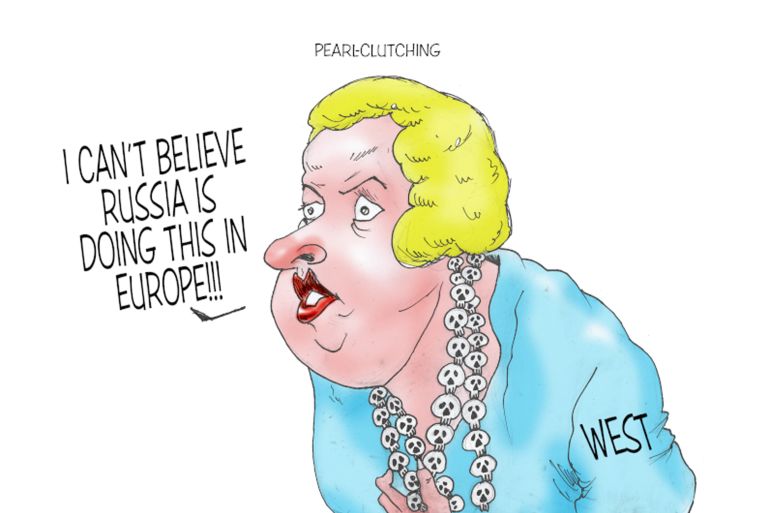 A cartoon of a white woman saying I can't believe Russia is doing this in Europe