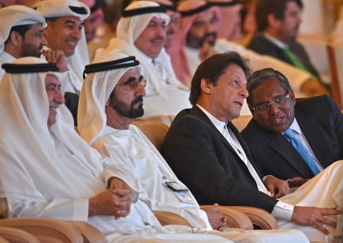 A picture taken on October 23, 2018 shows Dubai Ruler Mohammed bin Rashed al-Maktoum (2 L), Saudi state Minister Ibrahim al-Assaf(L) and Pakistani Prime Minister Imran Khan (2 R)