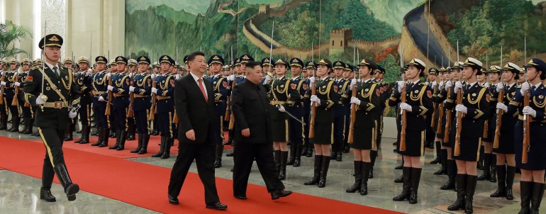 Kim JOng Un inspects an honour guard during s visit to Beijing in January 2019