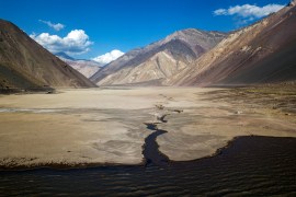 Dried-up El Yeso Reservoir, located in the Andes, in San Jose de Maipo, Chile.