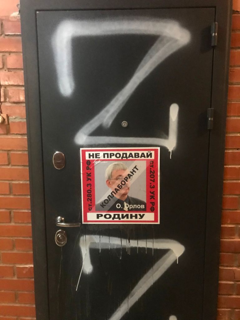 This handout photo courtesy of longtime activist with Memorial, Russia's most prominent rights group, and human rights campaigner Oleg Orlov shows his front door painted over with the letters 