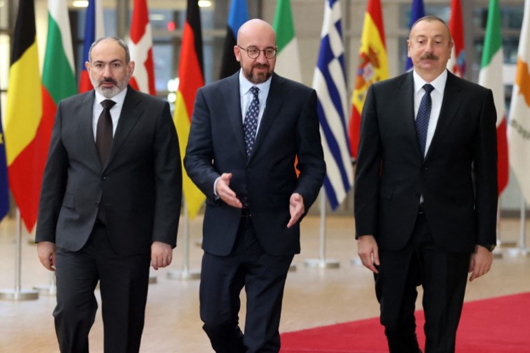 Armenian Prime Minister Nikol Pashinyan, President of the European Council Charles Michel, and Azerbaijan's President Ilham Aliyev