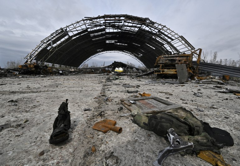 A picture shows the destroyed Ukrainian Antonov An-225 "Mriya" cargo aircraft, which was the largest plane in the world