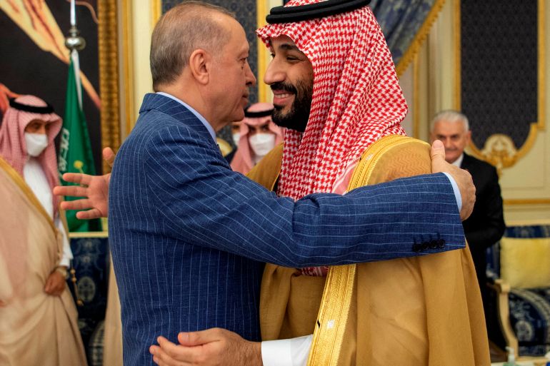 Saudi crown prince and Turkish president embrace