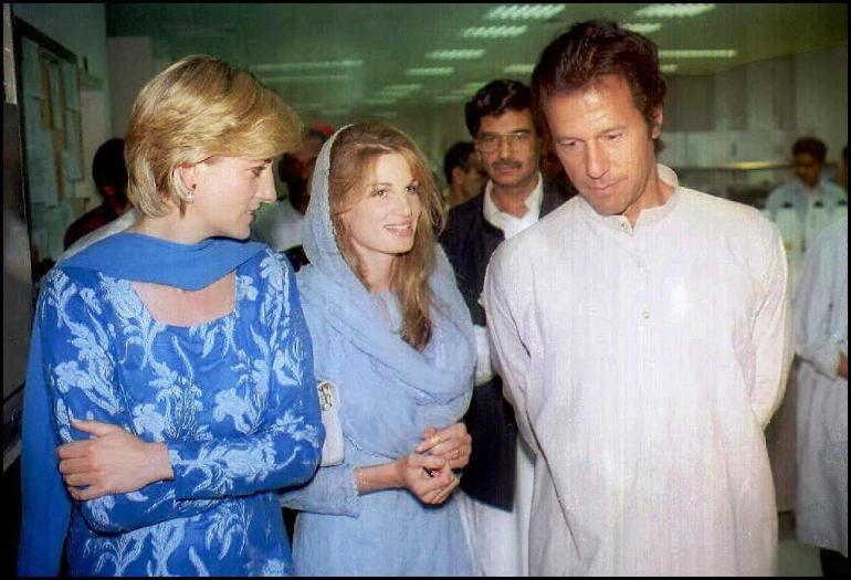 Princess Diana (L) is given a tour of Imran Khan's (R) charity cancer hospital in Lahore with Khan's wife Jemima (C)