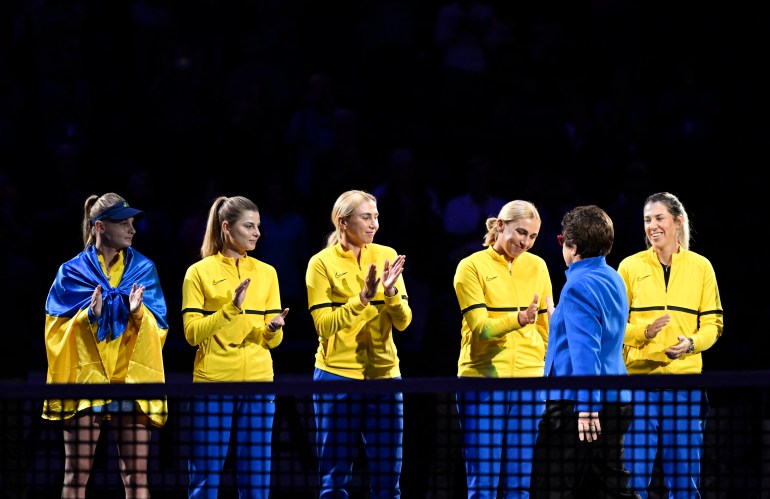 Billie Jean King greets the Ukrainian team during the opening ceremonies before the first round of the 2022 Billie Jean King Cup Qualifier