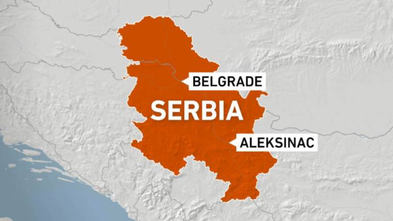 A map of Serbia showing Aleksinac town and Belgrade