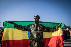 An Ethiopian war veteran is seen at a rally holding the national flag