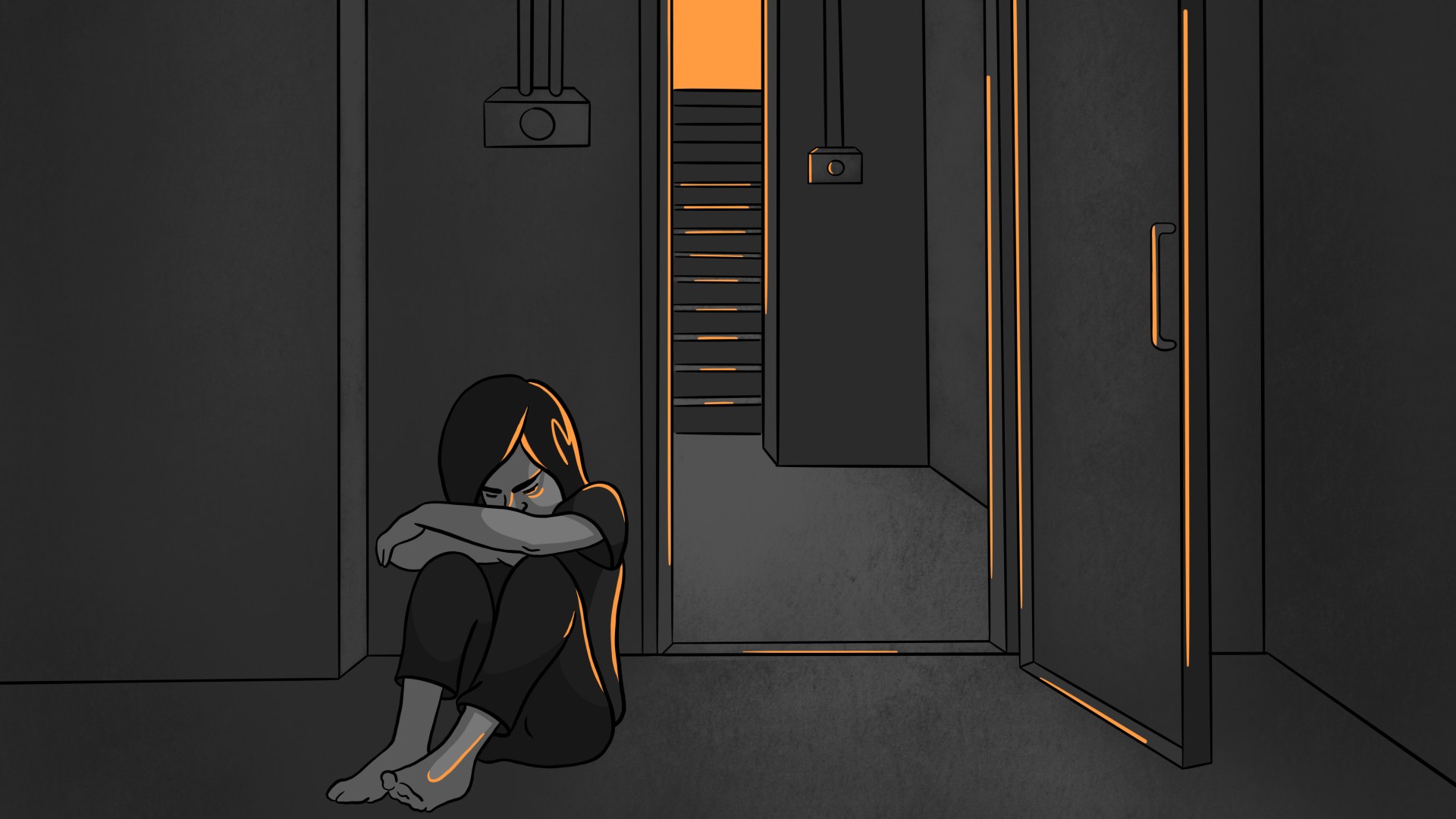 An illustration of a child sitting on the floor in a dark room against a wall with her knees up and her arms resting on her knees. She is next to a door that is open.