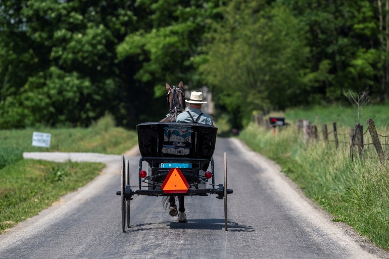 An Amish man travels by horse and buggy in Ohio