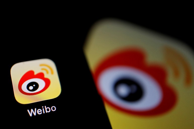 The logo of Chinese social media app Weibo