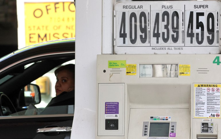 Gasoline prices are displayed on a pump at a gas station in Manhattan in New York City, New York, U.S.