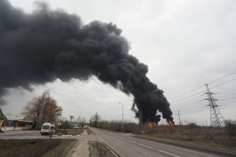 A view shows a fuel depot on fire in the city of Belgorod, Russia April 1, 2022