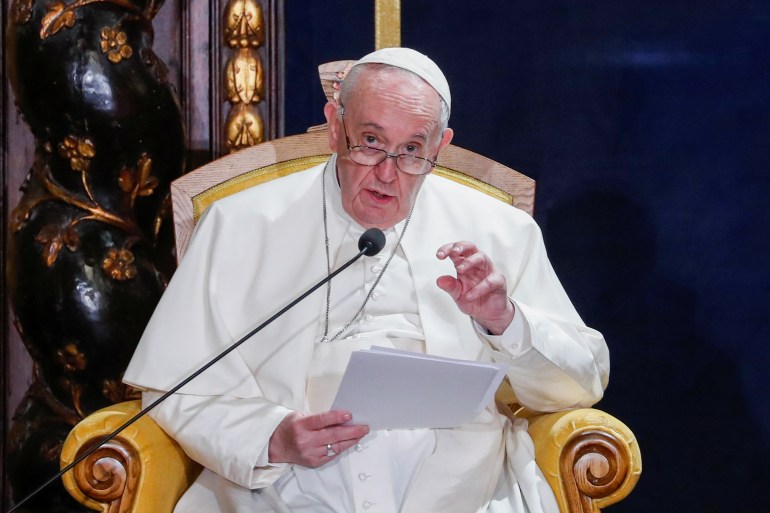 Pope Francis speaks in the “Ambassadors' Chamber” of the Grand Master’s Palace in Valletta, Malta