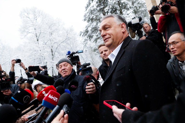 Hungary Prime Minister Viktor Orban gives a speech on election day.