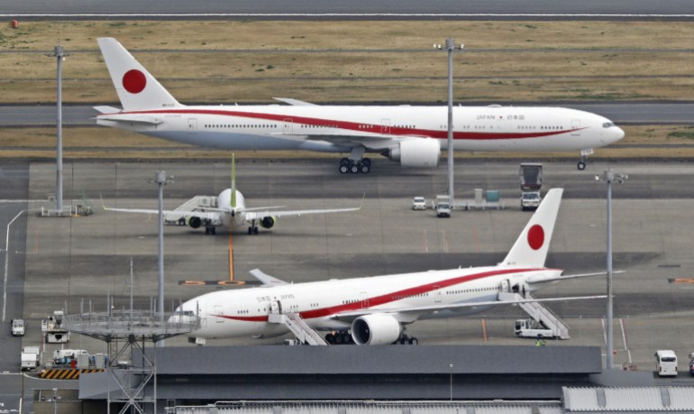 A government's special plane transporting Ukrainian refugees, arrives at the Haneda airport in Tokyo, Japan April 5, 2022, 