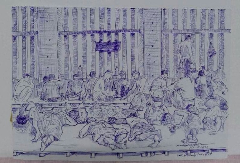 A blue ink sketch showing inmates sitting and sleeping in a crowded cell in Insein prison