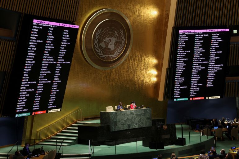 Display shows the list of countries taking part in vote in UNGA
