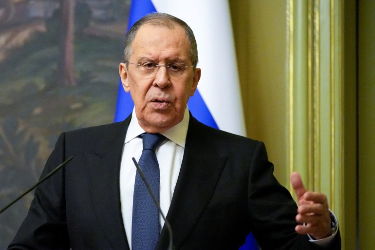 Sergey Lavrov speaking during a news conference.