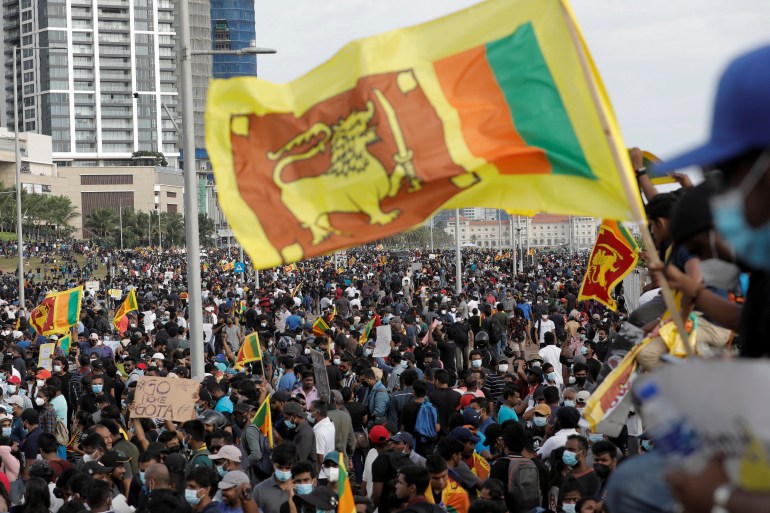 People shout slogans against Sri Lanka's President Gotabaya Rajapaksa during a protest in front of the Presidential Secretariat, amid the country's economic crisis, in Colombo, Sri Lanka, April 9, 2022.