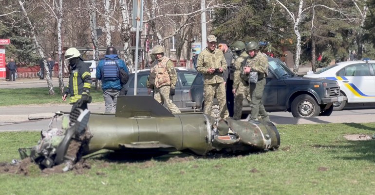 Remains of a missile are seen near a railway station, amid Russia's invasion of Ukraine, in Kramatorsk, Ukraine April 8, 2022 in this still image from a video obtained by REUTERS. Video recorded April 8, 2022