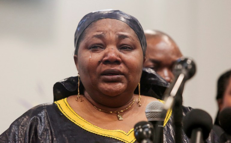 A tearful Dorcas Lyoya, mother of Patrick Lyoya, an unarmed Black man who was shot and killed by a Grand Rapids Police officer during a traffic stop on April 4, attends a news conference the day after video footage of the shooting was released in Grand Rapids, Michigan.