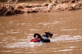 A search and rescue team member looks for bodies with the help of a dog, following torrential rains that triggered floods and mudslides,