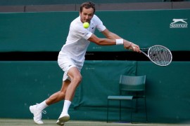 Russia&#39;s Daniil Medvedev in action at Wimbledon in 2021 [File: Peter Nicholls/Reuters]