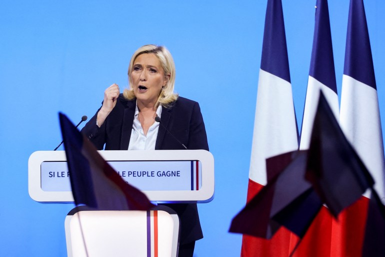 Marine Le Pen, French far-right National Rally (Rassemblement National) party candidate in the 2022 French presidential election, speaks at a campaign rally in Arras, France