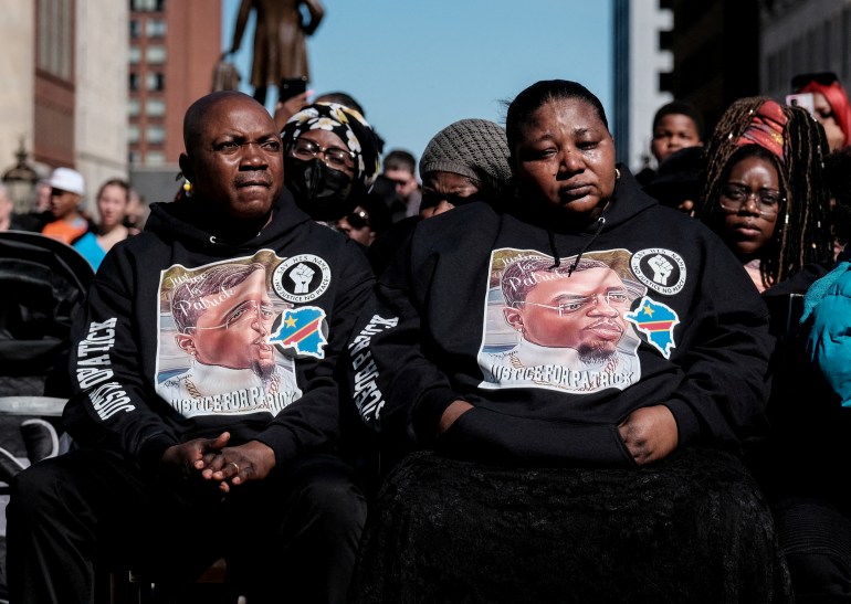 eter and Dorcas Lyoya, the parents of Patrick Lyoya attend a rally in support of Patrick Lyoya, an unarmed Black man who was shot and killed by a Grand Rapids Police officer during a traffic stop.