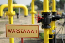 A sign, which reads: "Warsaw", at the Gaz-System gas distribution station in Gustorzyn, central Poland.