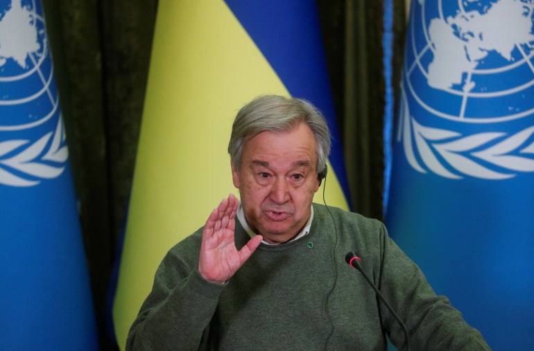 UN Secretary-General Antonio Guterres speaks at a joint news conference, as Russia's attack on Ukraine continues, in Kyiv, Ukraine