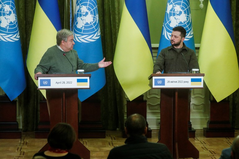 UN Secretary-General Antonio Guterres speaks while Ukraine's President Volodymyr Zelenskiy listens at a joint news conference, as Russia's attack on Ukraine continues, in Kyiv, Ukraine