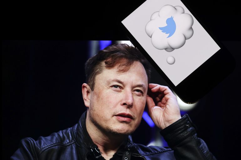 Elon Musk's image is seen next to a Twitter icon