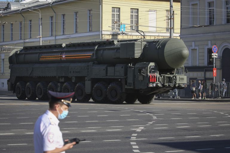 A vehicle transports a RS-24 Yars strategic nuclear missile along a street during the victory day parade in Moscow