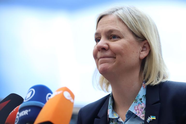 Magdalena Andersson, Sweden's prime minister, speaks to members of the media