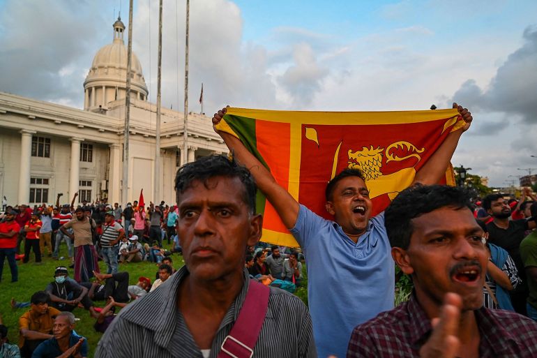 Activists shout anti-government slogans during a demonstration in Colombo, Sri Lanka.