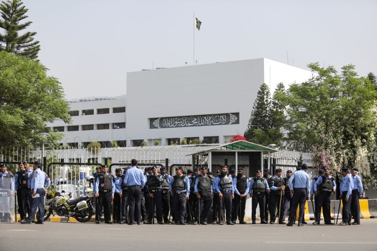 Security personnel in front of Parliament House in Islamabad, Pakistan