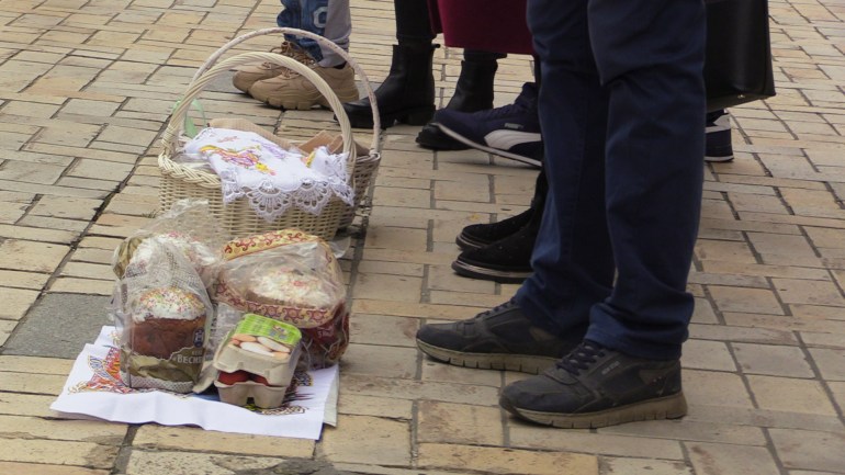 A basket with Easter eggs and cakes [Mansur Mirovalev/Al Jazeera]