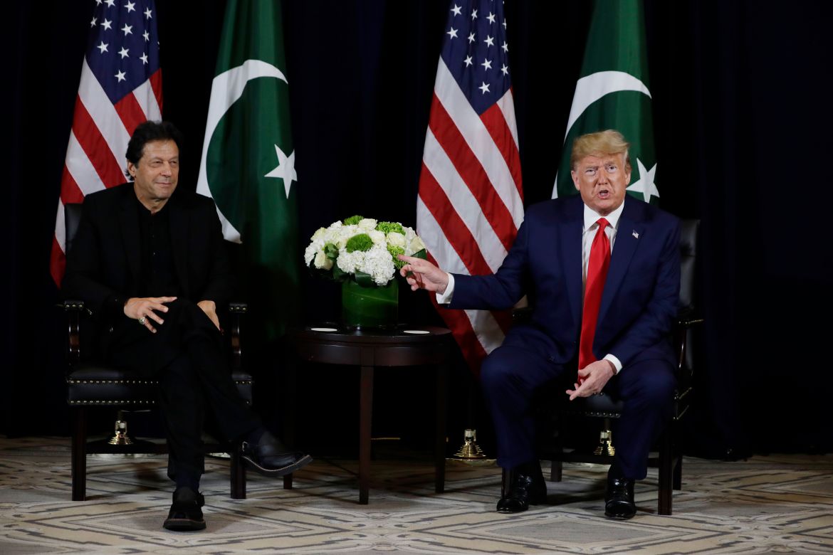 President Donald Trump, right, meets with Pakistani Prime Minister Imran Khan at the InterContinental Barclay hotel during the United Nations General Assembly, Monday, Sept. 23, 2019, in New York.