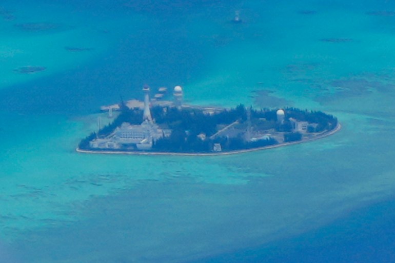 A photograph of Chinese structures and buildings on the artificial island on Johnson Reef in the Spratlys Islands in the South China Sea.