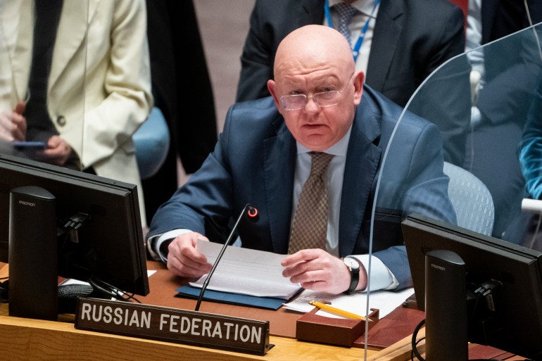 Vassily Nebenzia, permanent representative of Russia to the United Nations, speaks during a meeting of the UN Security Council,