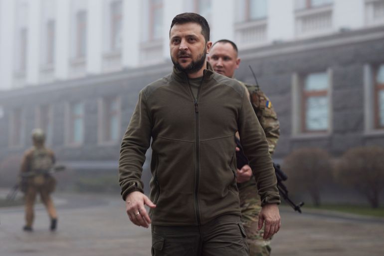 In this photo provided by the Ukrainian Presidential Press Office, Ukrainian President Volodymyr Zelenskyy, center, walks before a meeting with President of the European Parliament Roberta Metsola in Kyiv, Ukraine, April 1, 2022. Kyiv was a Russian defeat for the ages. It started poorly for the invaders and went downhill from there. (Ukrainian Presidential Press Office via AP, File)