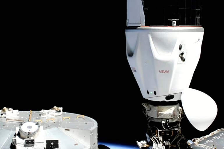 Crew Dragon capsule docked at the International Space Station.