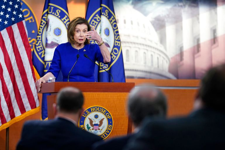 House Speaker Nancy Pelosi speaks during a press conference,