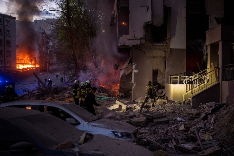 Emergency services respond in the area following an explosion in Kyiv, Ukraine on Thursday, April 28, 2022.