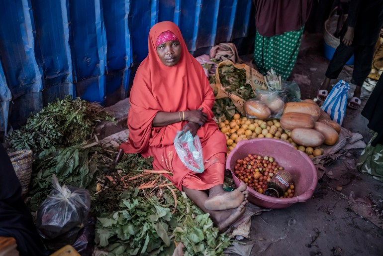 Dawlaay Muqtaar Macalain, vegetable seller in a camp for displaced people in Mogadishu