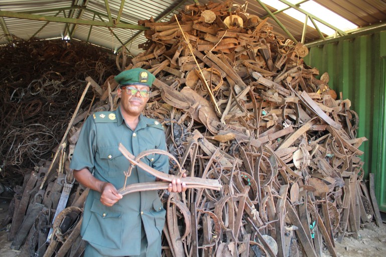 Ugandan Wildlife Authority's Chief Park Warden of Murchison Falls Edison Nuwamanya, standing by snares villagers use to capture wild animals for bush meat.