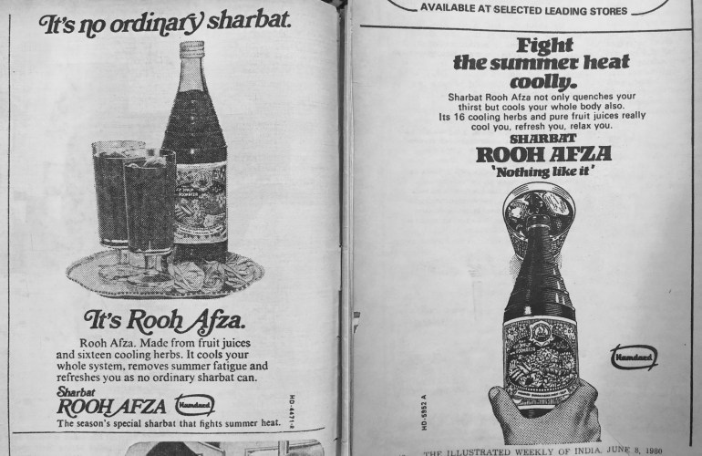 Two black and white advertisements for Rooh Afza appear, showing the bottle with advertising copy under it. This ran in India