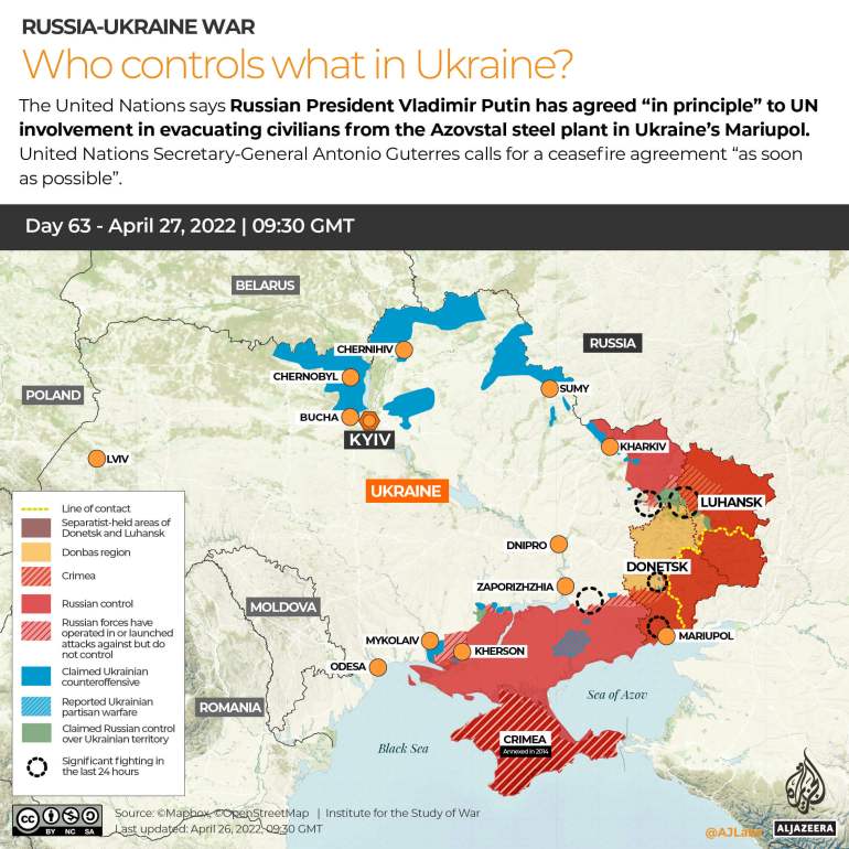 INTERACTIVE_UKRAINE_CONTROL MAP DAY63_April 27_INTERACTIVE Rússia Ucrânia Guerra Quem controla o quê Dia 63